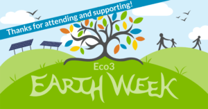 Eco3 Earth Week multicolored tree logo with banner across reading "thanks for attending and supporting!"