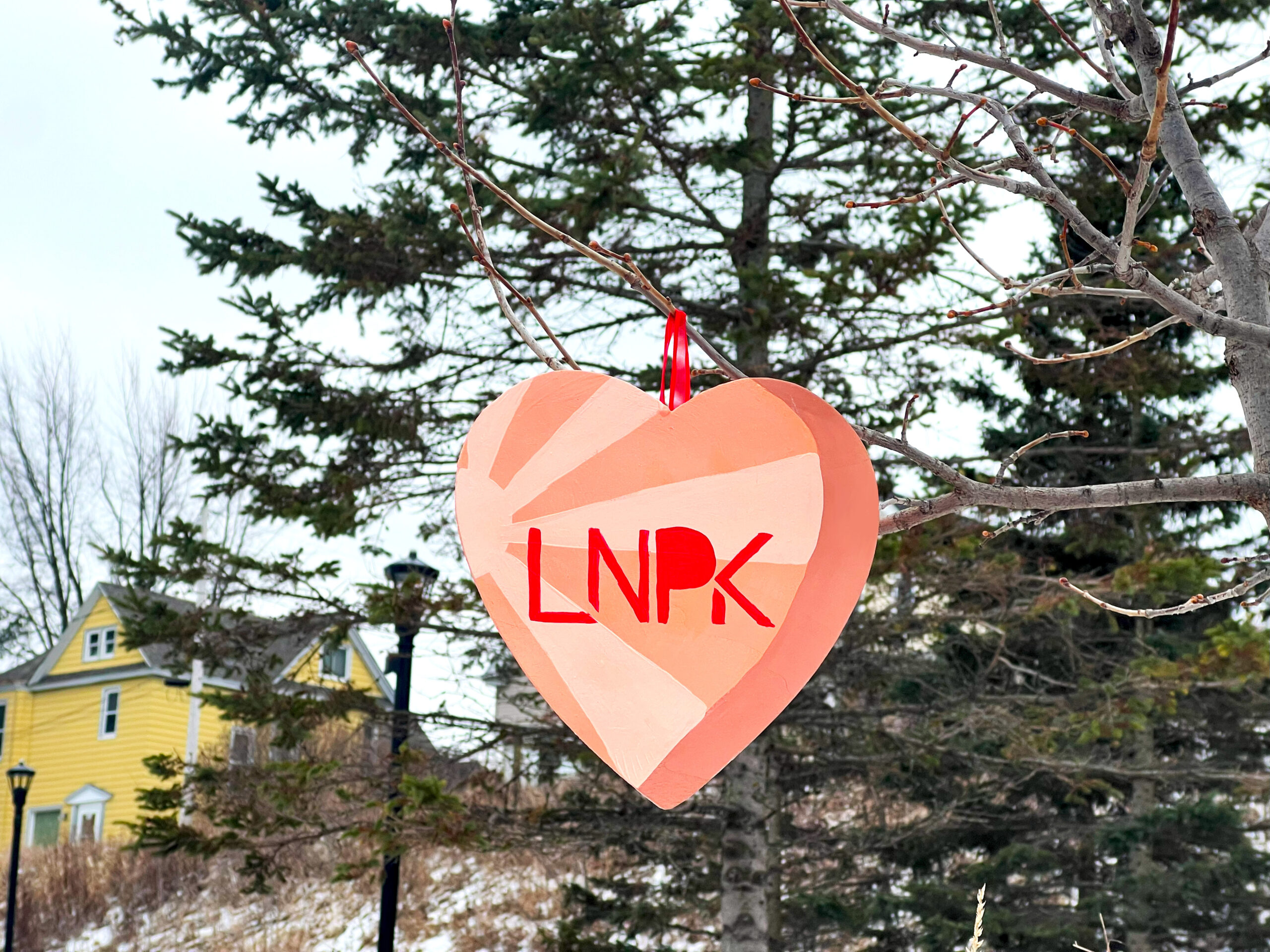 Light orange heart with sunburst pattern and "LNPK" in red hangs on a tree in front of a yellow house.
