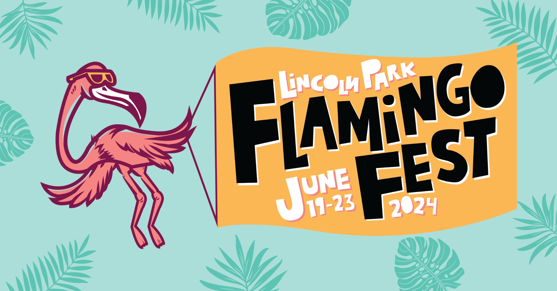 Graphic of cartoon flamingo flying with a banner. Banner reads "Lincoln Park Flamingo Fest, June 19-23 2024"